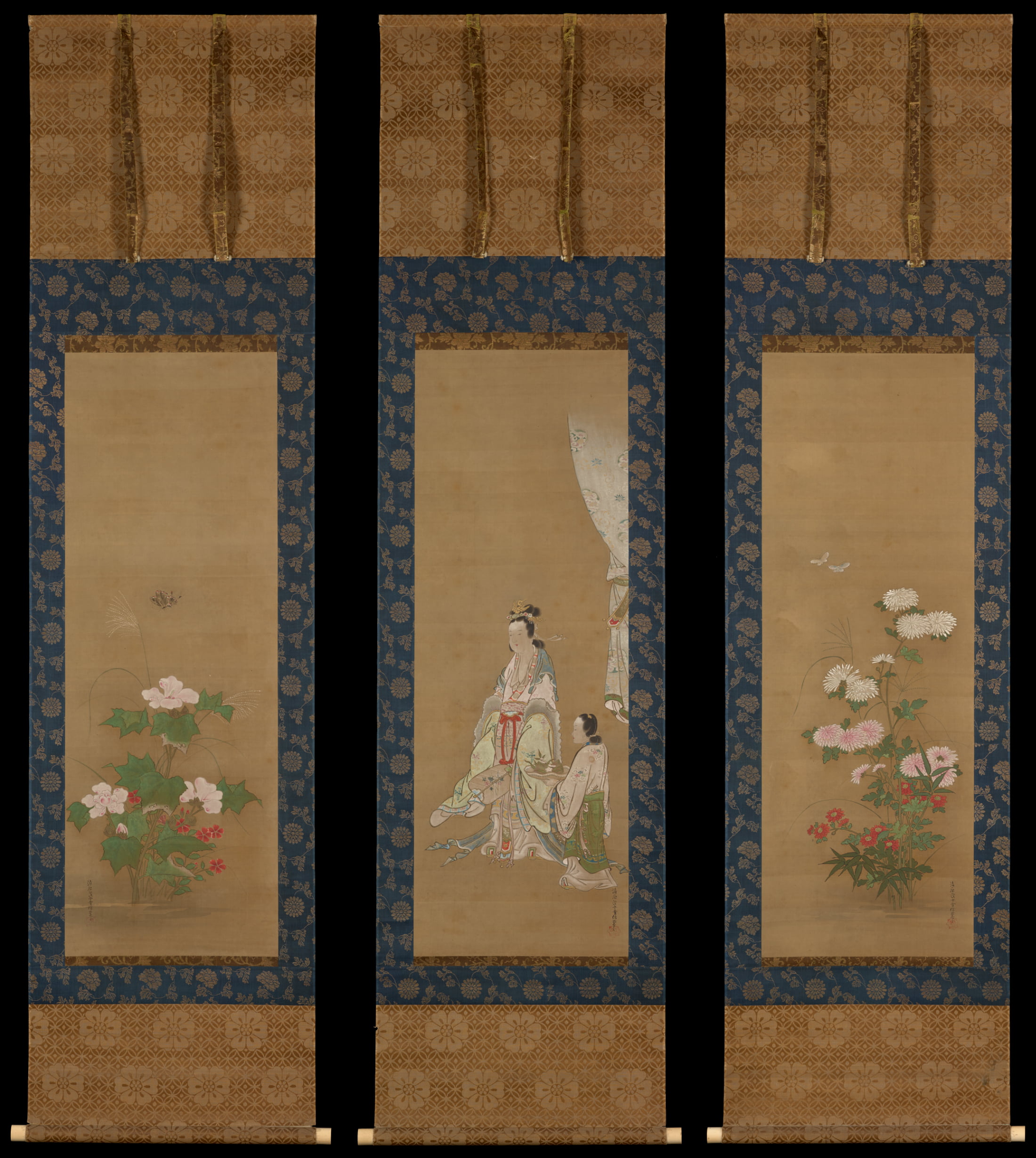 Triptych. The center panel includes a robed seated woman in the center and a smaller robed figure on the right brings her tea. A tied back curtain can be seen on the right. The flanking panels contain various pink, red, and white flowers and greenery with butterflies or moths.