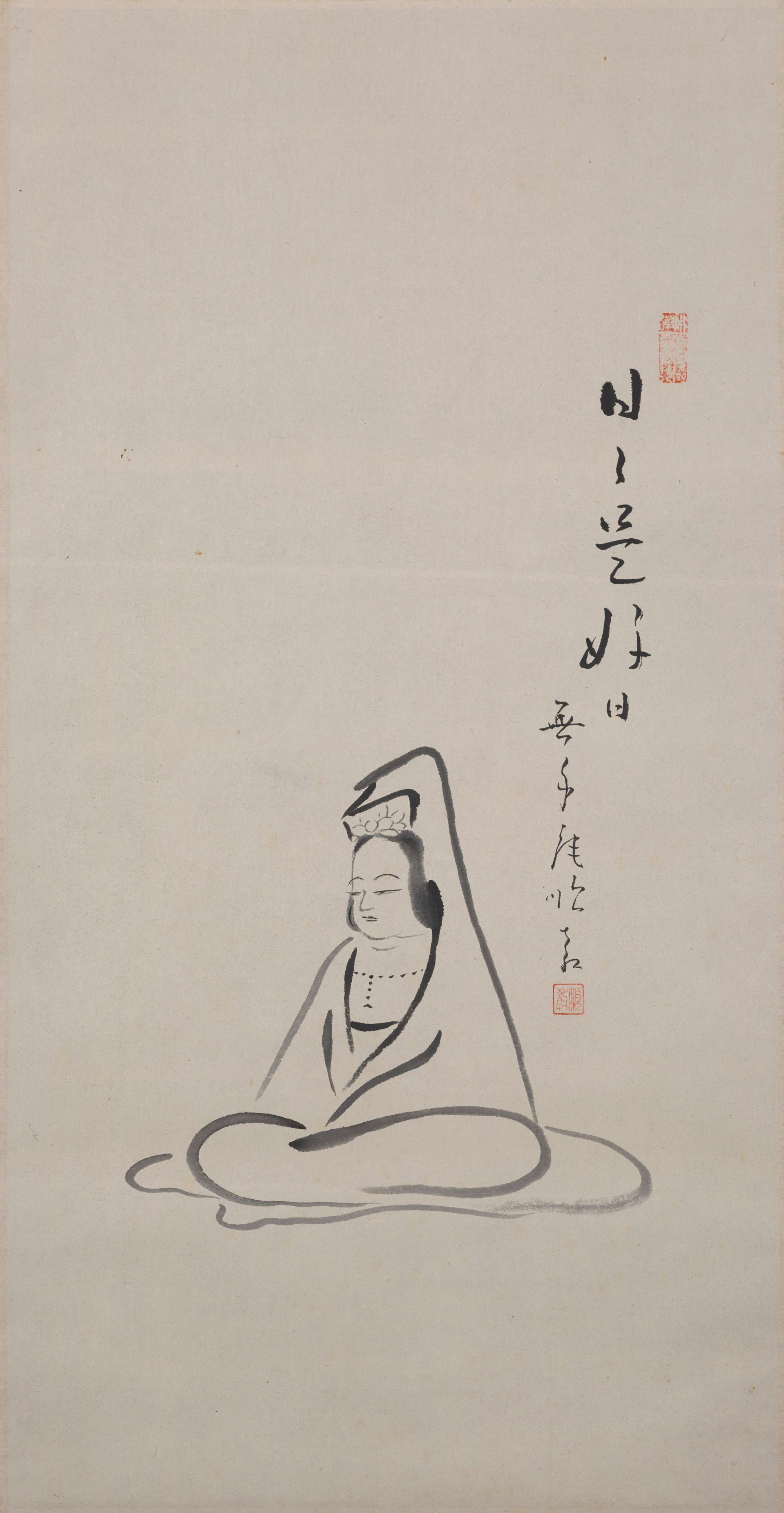 Simply brushed plain line painting in black ink of a seated meditating feminine figure draped in a flowy robe. Japanese calligraphy on the right.