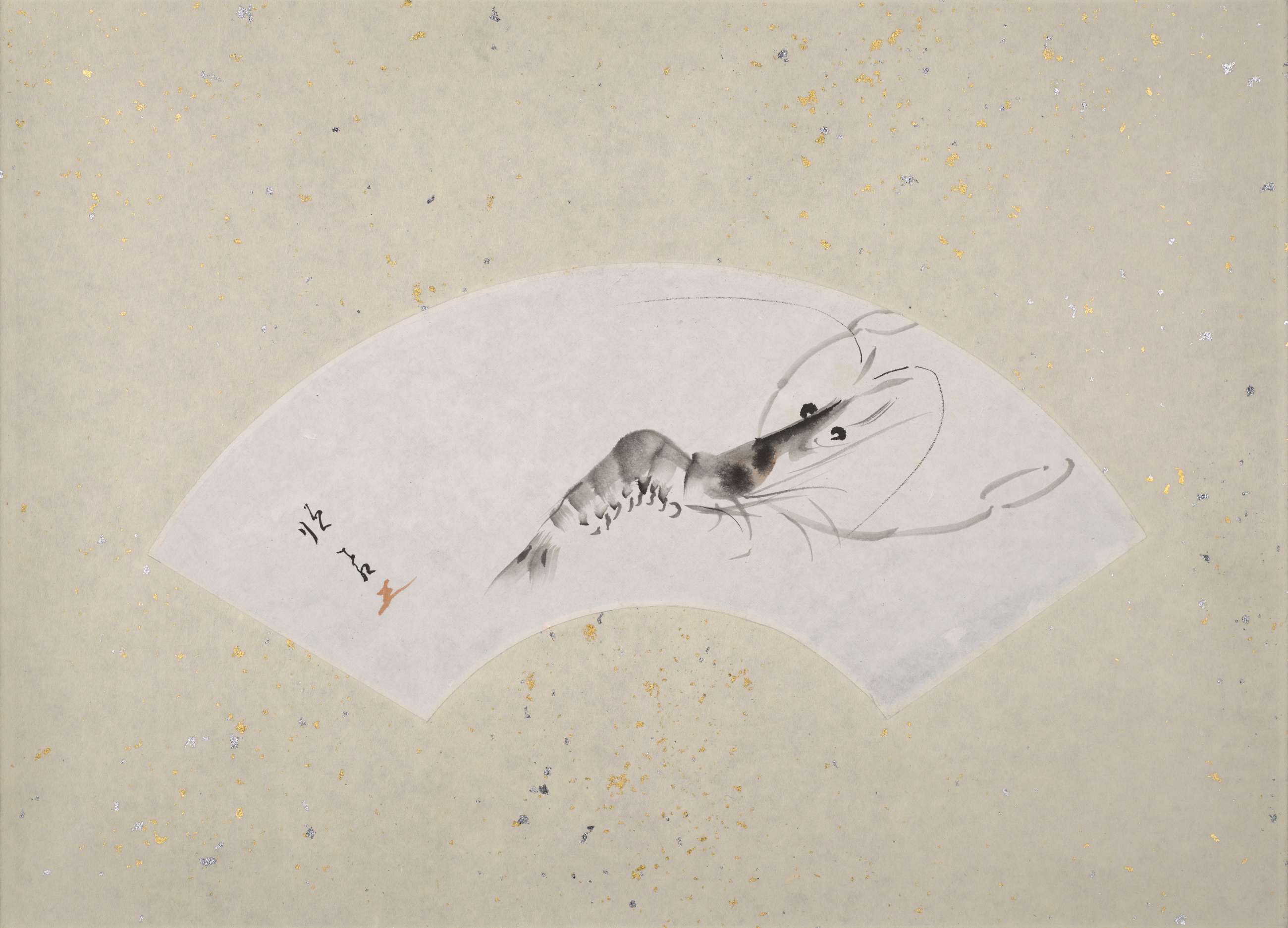 Fan painting on light paper using wet dabs of monochrome ink of a wide-eyed shrimp, stretching claws to upper right corner. Artist’s signature on the left.