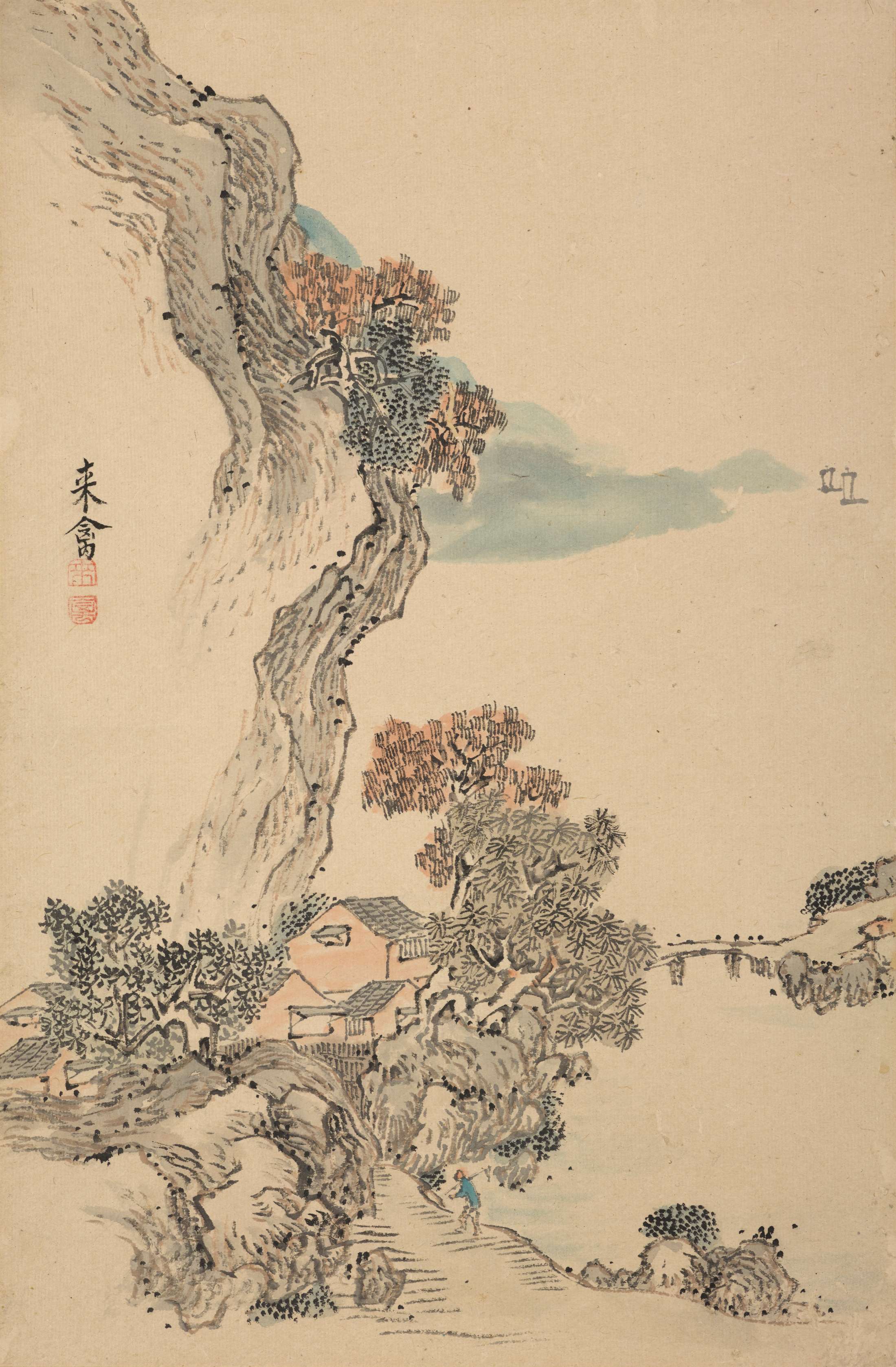 An ink-painted scroll depicts house on an outcropping, surrounded by trees. A small figure in a blue shirt walks up a path toward the house.