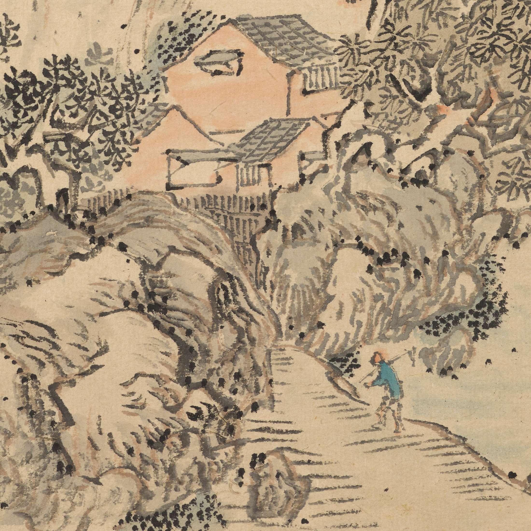 A close-up detail of a larger ink-painted scroll depicts house on an outcropping, surrounded by trees. A small figure in a blue shirt walks up a path toward the house.