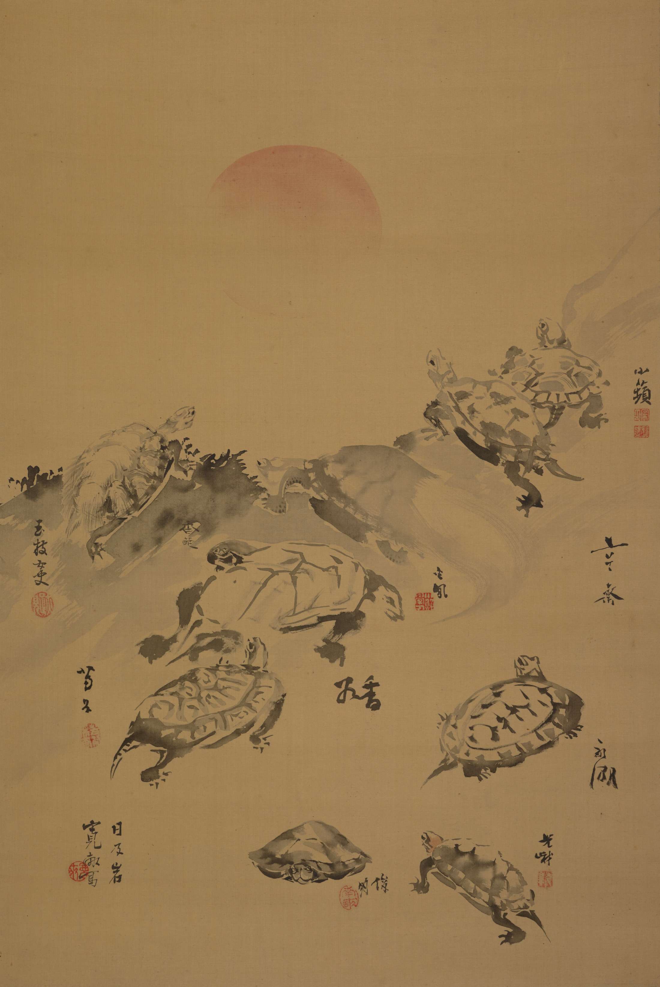 Yellowed silk painted with nine turtles clamering up a rocky surface under a rising sun. Each turtle is accompanied by a signature.