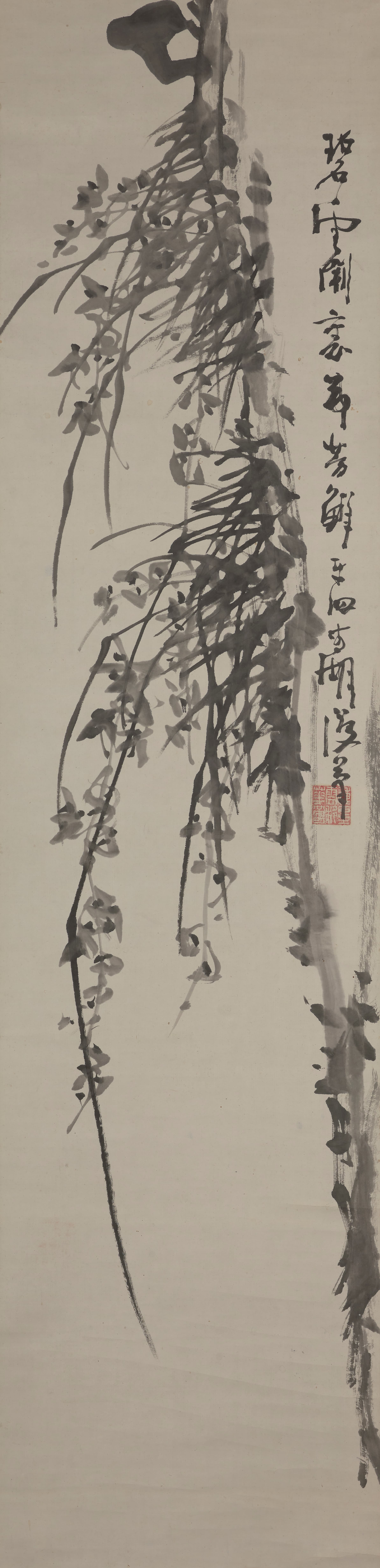 Tall painting of a steep cliffside with orchids jutting from the rocky surface. Stylized Japanese calligraphy along the right edge