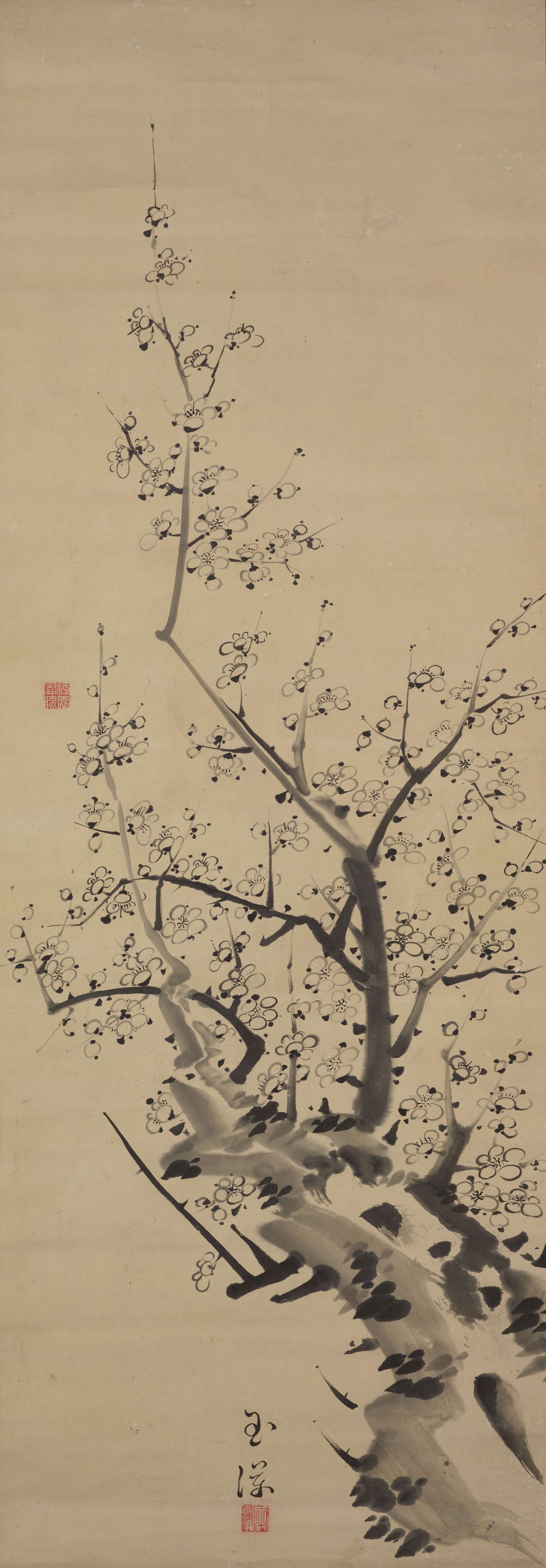 The branch of a knotted plum tree starts in the lower right-hand corner, and extends upwards with tapering branches and delicate blossoms. A signature and red seal at the bottom center.