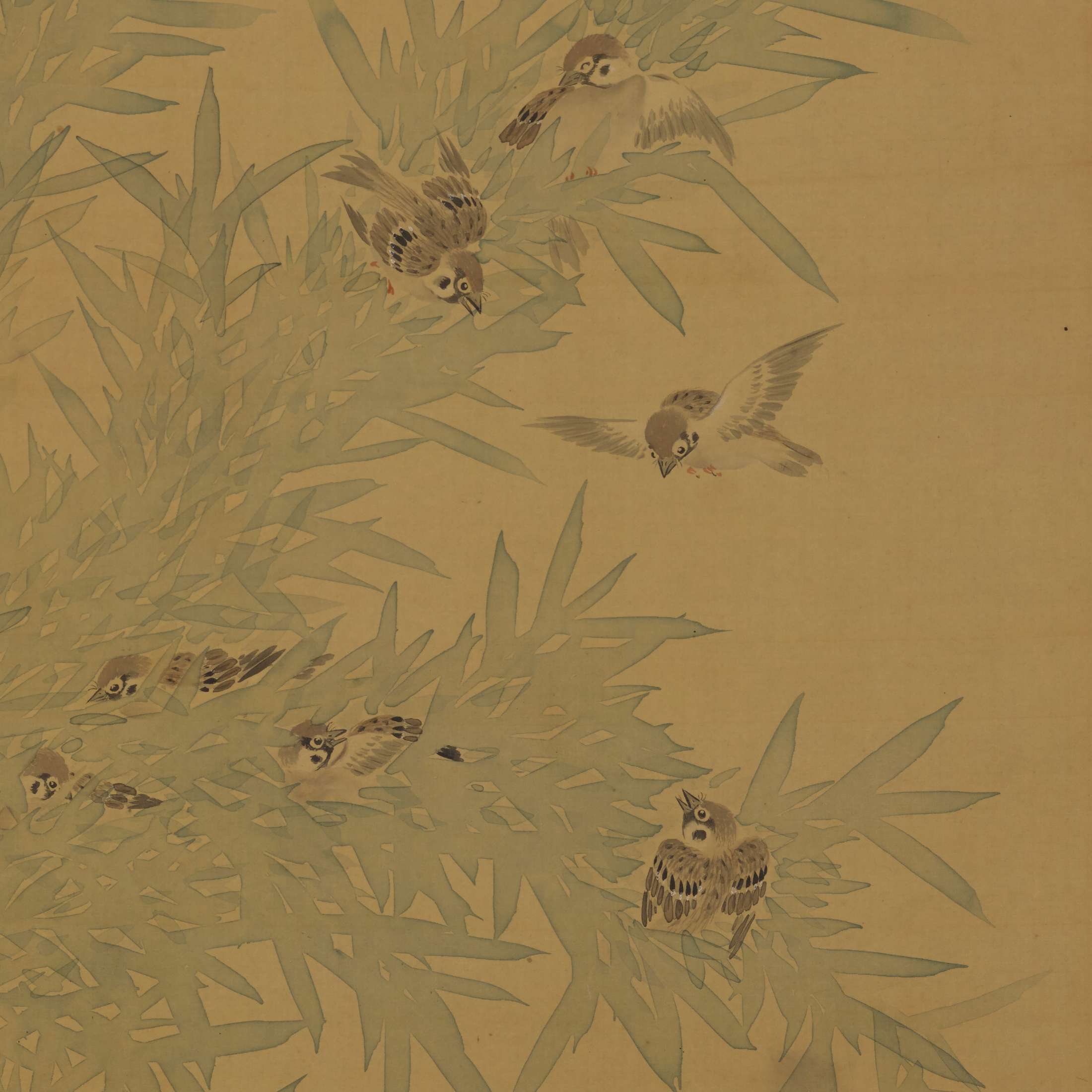 A close-up detail of a larger ink-painted scroll depicts 7 sparrows flitting around and sitting in the green leaves of two bamboo plants.