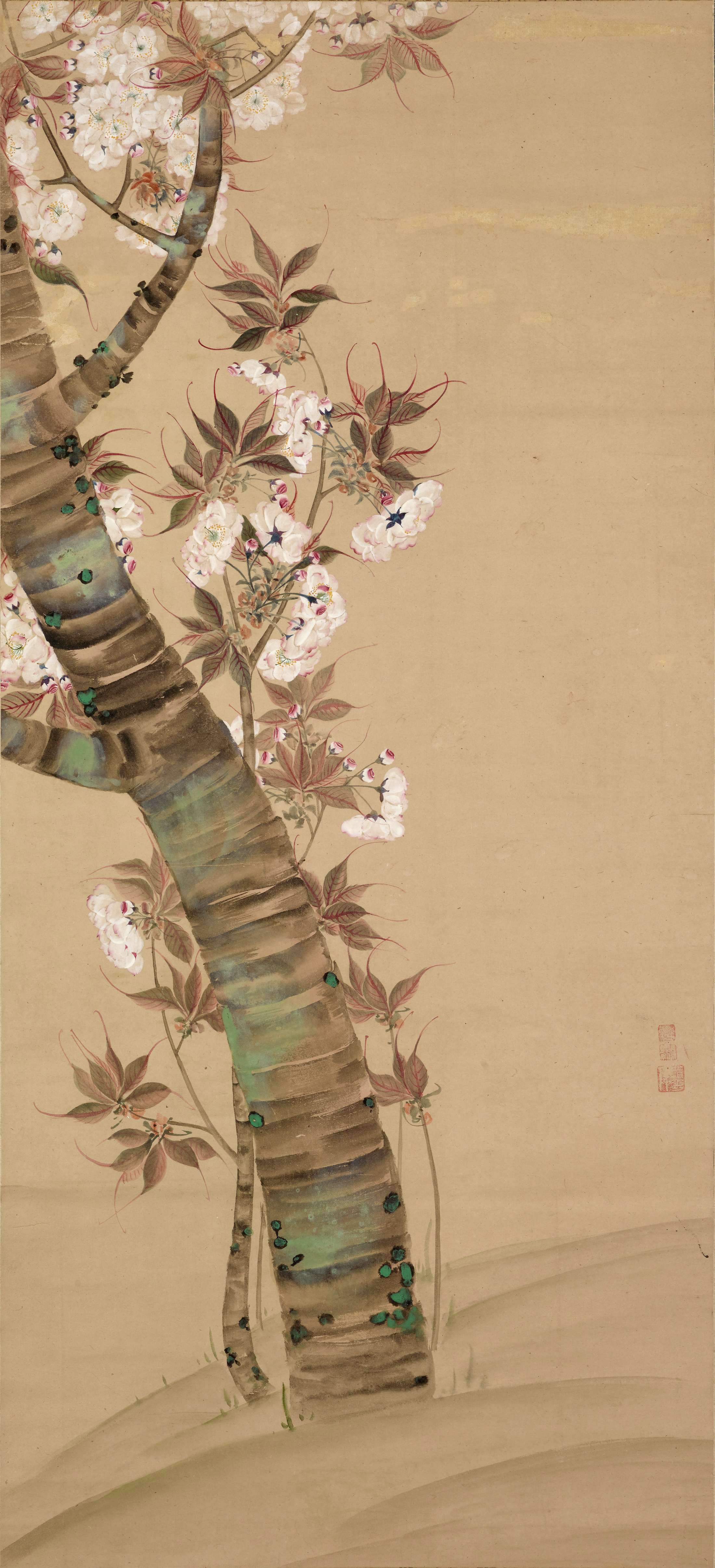 The green and brown trunk of a cherry tree stands on a pillowy brown hill. The trunk leans to the left, and smaller limbs with leaves and flowers branch out from the trunk. Only part of the tree is seen as it seems to extend beyond the paper.