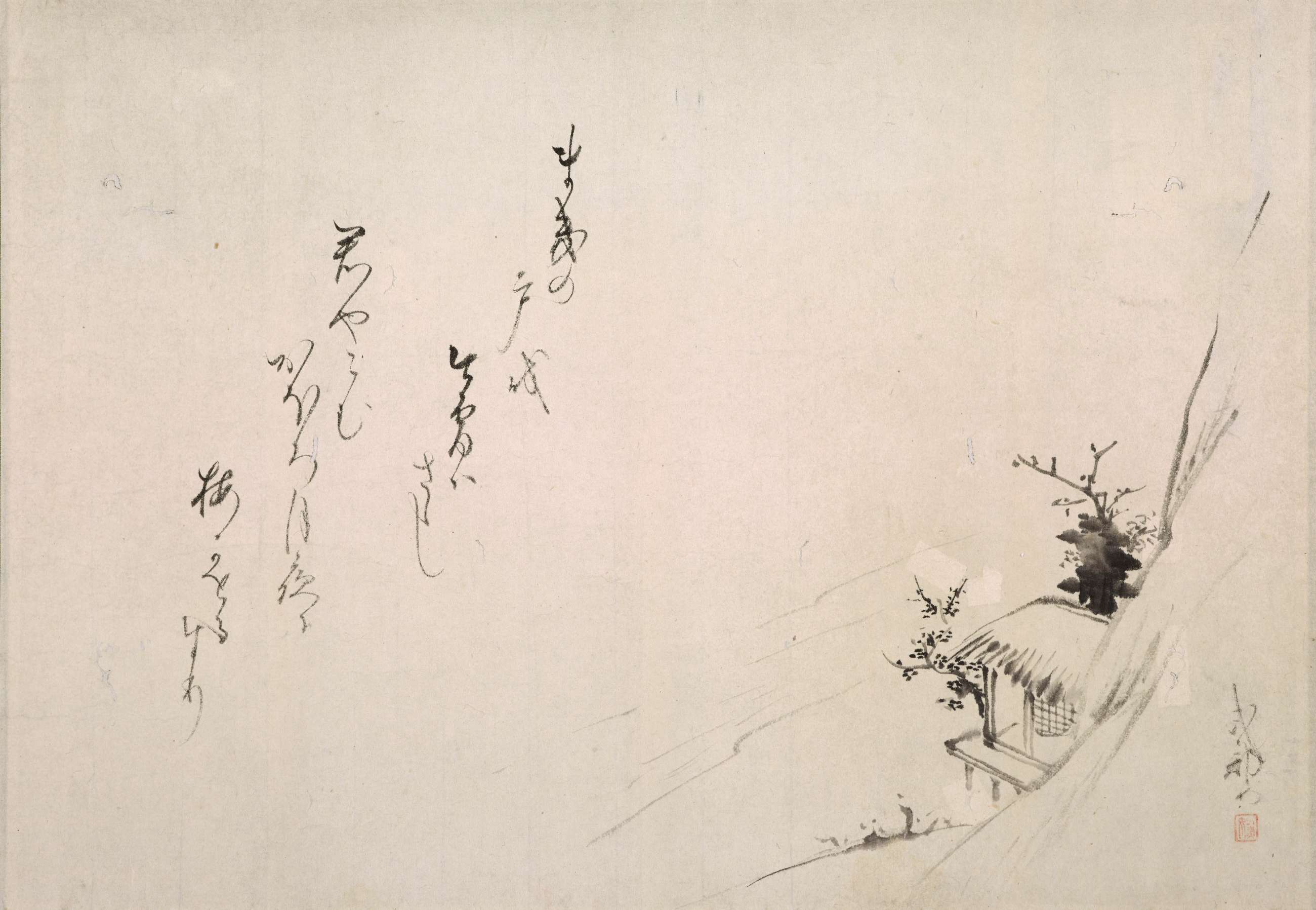 Seven lines of calligraphy in the lefthand side of the frame. On the right, a small thatch-roofed studio nestled into a mountainside flanked by budding branches.