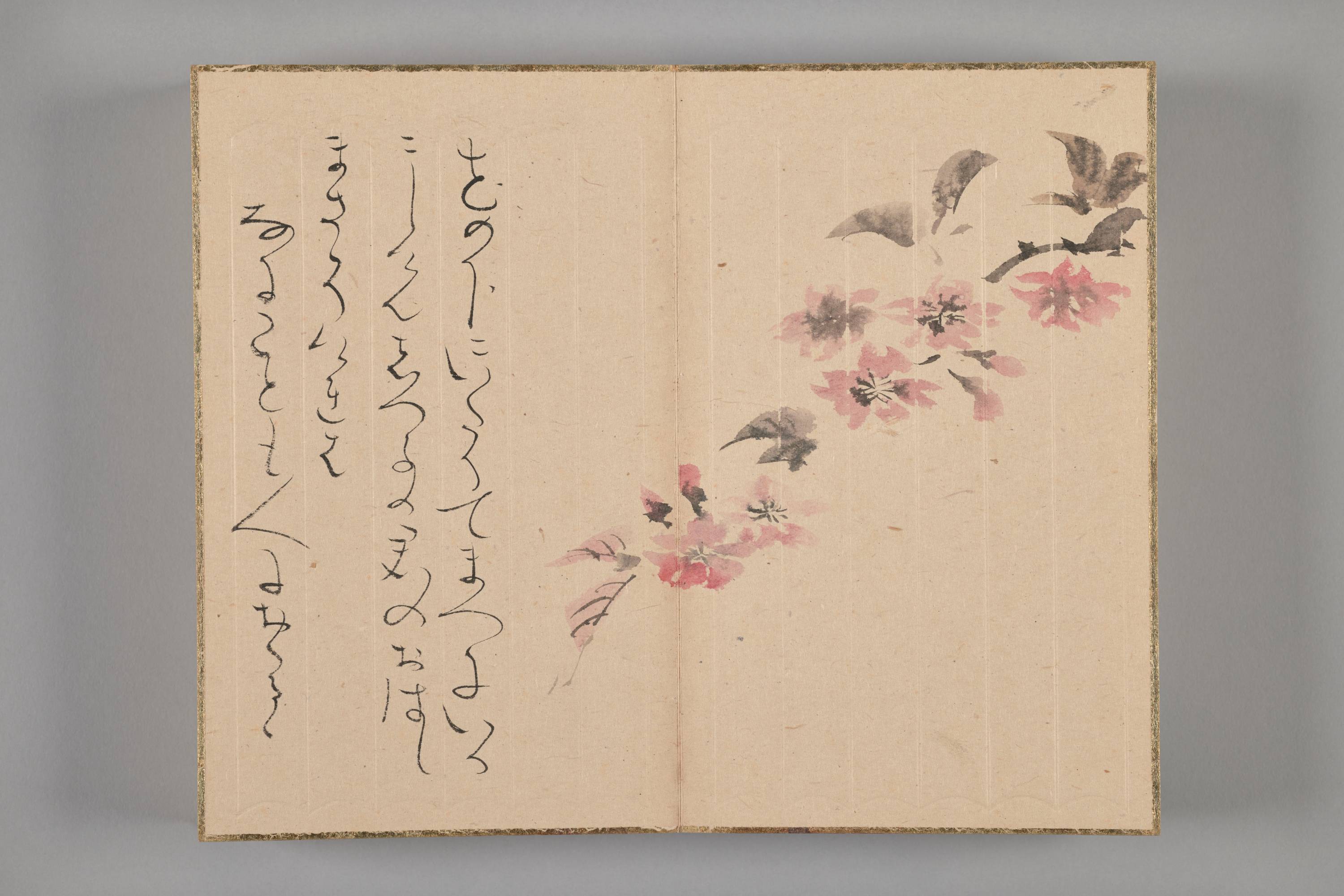 Two-page spread of a bound album with several vertical lines of cursive of poetry on the left page. On the right page, a painted sprig of pink flowers sits diagonally on the page from the top right down to the left.