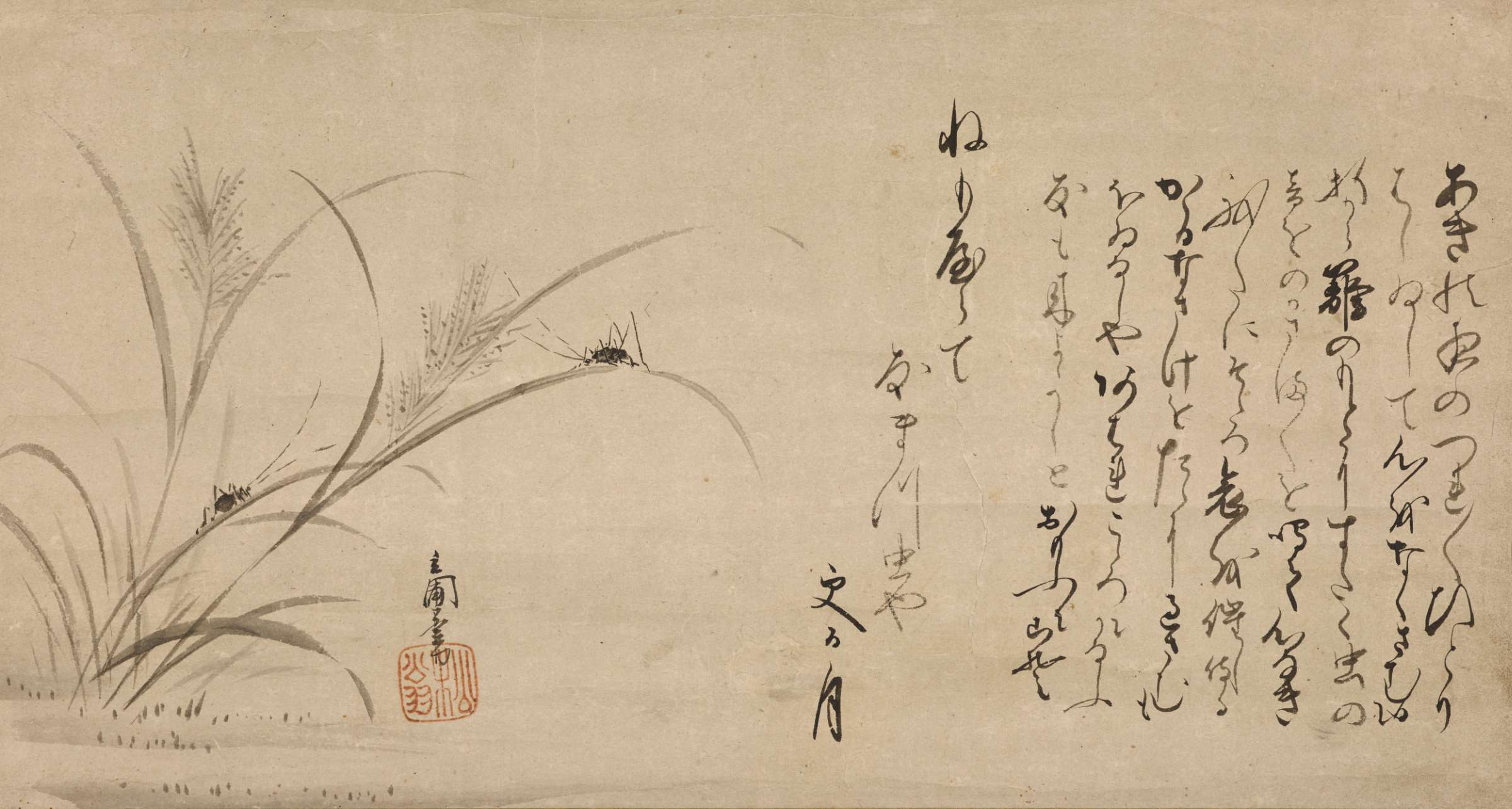 Two crickets crawl on wispy grasses in the lefthand side of the frame. The right is filled with eleven lines of calligraphy.