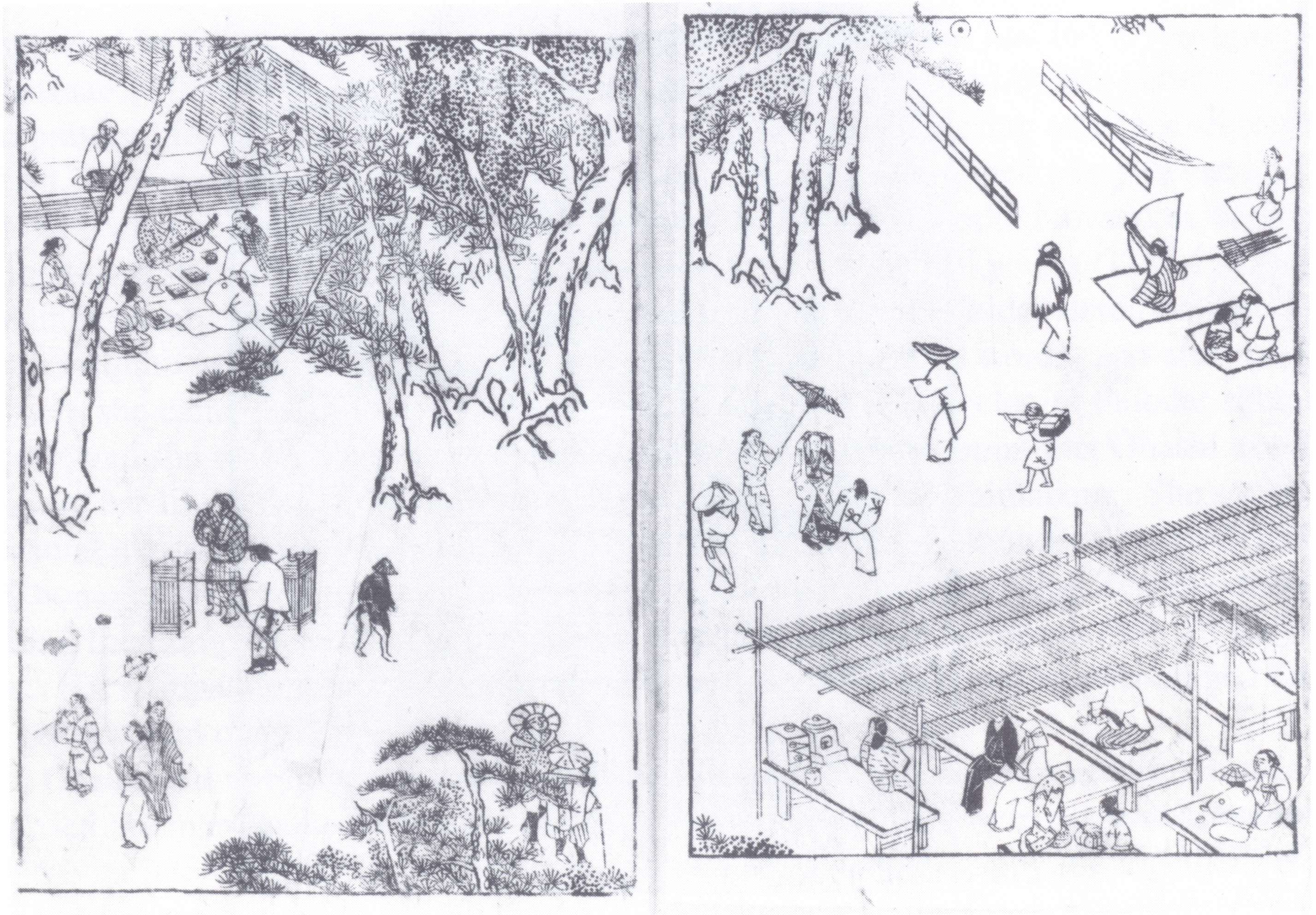 A two-page spread of a black and white depiction of a street in the center of the pages. Trees line the top, while various people move in both directions. In the bottom right corner, people sit in a teahouse.