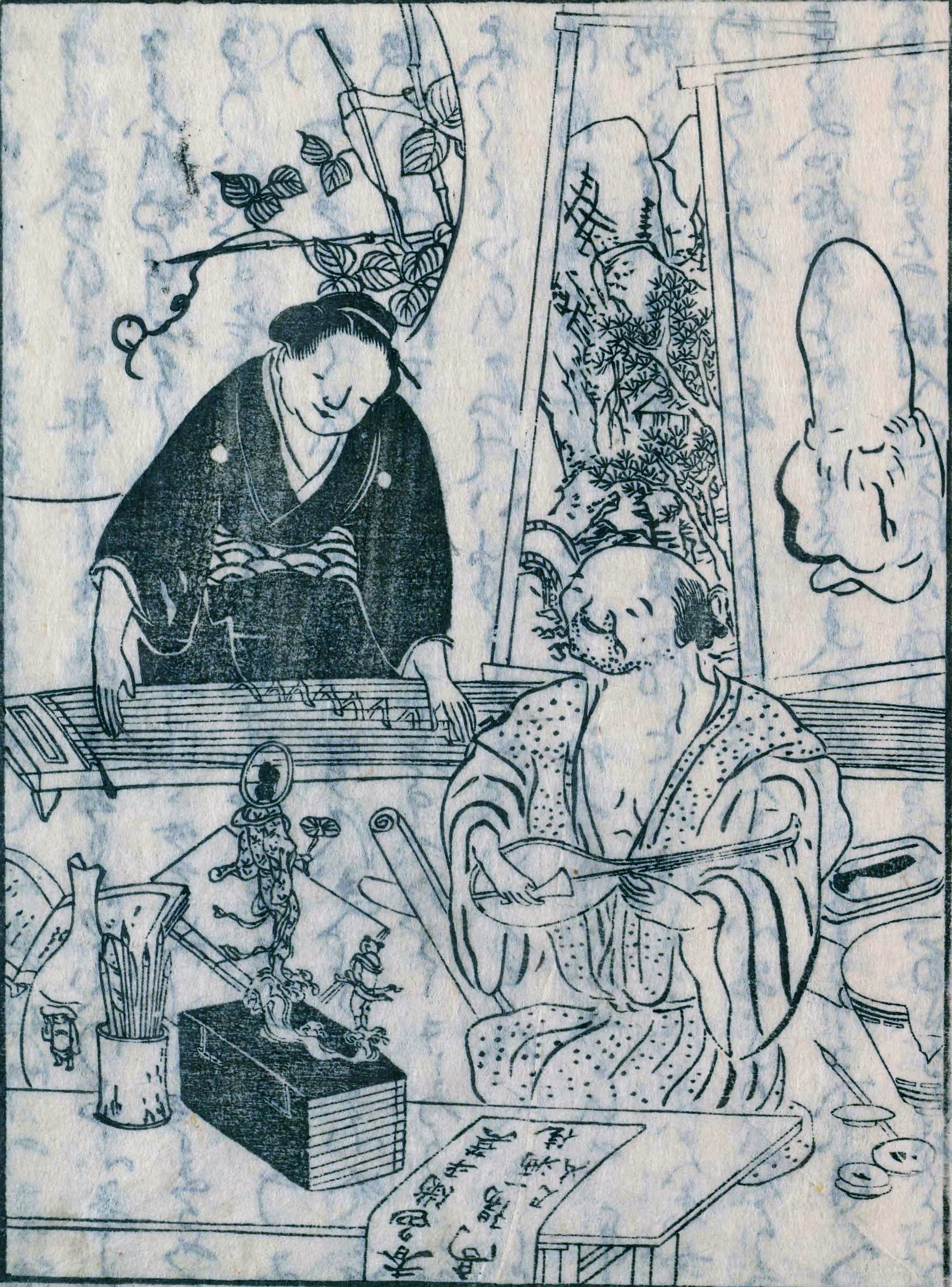 A black-and-white illustration of two people wearing kimono in a room. One playes a stringed instrument. Various paintings leant against a wall in the background. In the foreground, several objects sit atop a table.